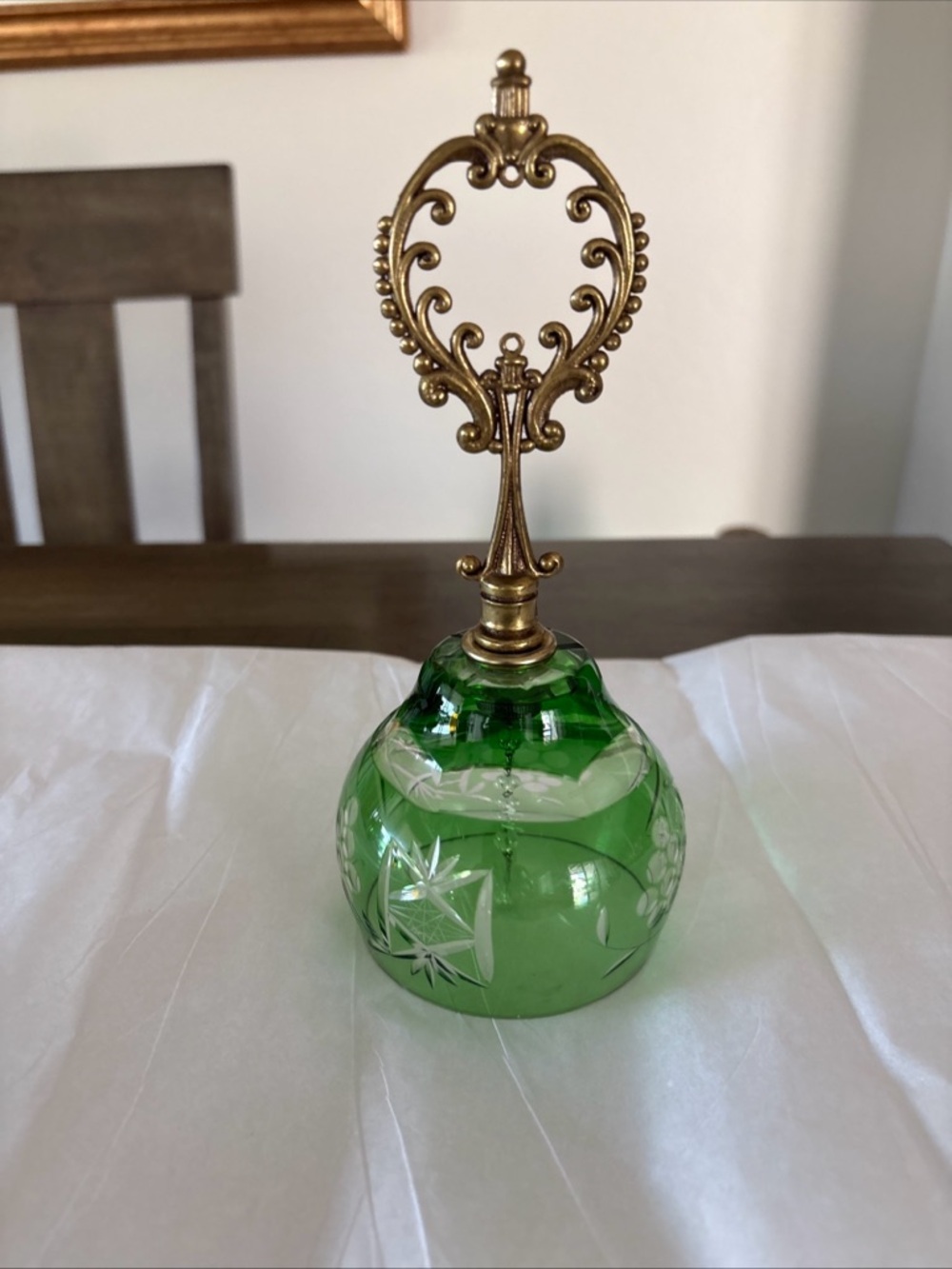 Vintage Emerald Green Cut To Clear Glass Crystal 8" Bell Made In Poland